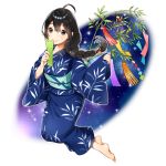  1girl ahoge barefoot black_eyes black_hair blue_kimono braid brown_hair full_body japanese_clothes kimono long_hair night night_sky rakkami! sky tanabata tanzaku wide_sleeves yukata 