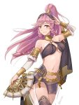  1girl bare_shoulders blush braid breasts fire_emblem fire_emblem:_kakusei fire_emblem_heroes gloves hairband hraaat jewelry long_hair looking_at_viewer medium_breasts navel nintendo olivia_(fire_emblem) pink_hair ponytail simple_background smile solo twin_braids violet_eyes 