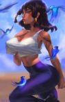  1girl bird bird_on_arm bird_on_leg black_hair bluebird blush breasts cleavage commentary covered_nipples crop_top crop_top_overhang english_commentary facial_tattoo hair_tubes high-waist_pants large_breasts lips looking_at_viewer medium_hair midriff minory navel no_bra nose overwatch pants pharah_(overwatch) purple_legwear red_eyes seamed_legwear shoulder_tattoo skin_tight solo stomach tattoo toned under_boob walking yoga_pants 