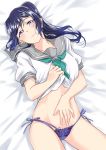 1girl akira_miku_ver bangs bed_sheet blouse blush closed_mouth commentary covering_navel cowboy_shot eyebrows_visible_through_hair from_above frown green_neckwear half-closed_eyes highres lifted_by_self lips long_hair looking_at_viewer love_live! love_live!_sunshine!! lying matsuura_kanan neckerchief no_pants on_back on_bed panties ponytail purple_hair purple_panties school_uniform serafuku shirt_lift short_sleeves side-tie_panties solo underwear violet_eyes white_blouse