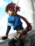  1girl aile bodysuit brown_hair gloves green_eyes long_hair looking_at_viewer ponytail rockman rockman_zx rockman_zx_advent shorts skin_tight solo spandex 