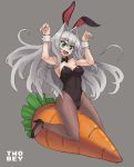 1girl animal_ears artist_name bare_shoulders bow breasts bunny_pose bunnysuit carrot character_request cleavage commission covered_navel detached_collar eyebrows_visible_through_hair green_eyes grey_hair hair_between_eyes hair_intakes hundred long_hair medium_breasts open_mouth rabbit_ears sitting smile solo twobey very_long_hair white_background wrist_cuffs
