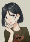  1girl absurdres abuwei_shenshijun black_eyes black_hair black_shirt bob_cut hand_on_own_face highres open_mouth original shirt short_hair simple_background t-shirt tan_background 