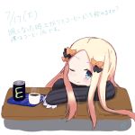  1girl ;) abigail_williams_(fate/grand_order) arm_rest bangs black_bow black_dress blonde_hair blue_eyes blush bow bug butterfly can closed_mouth coffee cup dated desk dress eyebrows_visible_through_hair fate/grand_order fate_(series) forehead hair_bow head_rest insect kujou_karasuma long_hair long_sleeves looking_at_viewer no_hat no_headwear one_eye_closed orange_bow parted_bangs signature simple_background sketch sleeves_past_fingers sleeves_past_wrists smile solo steam teacup translation_request white_background 
