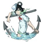  1girl anchor black_hair cowboy_shot green_eyes green_sailor_collar hat hishaku ladle liquid medium_hair mefomefo murasa_minamitsu parted_lips red_neckwear sailor sailor_collar sailor_hat shirt short_sleeves shorts simple_background solo touhou water white_background white_shirt white_shorts 