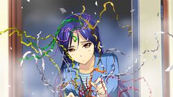  1girl andou_shuuki blue_hair blue_jacket brown collarbone eyes green_ribbon hair_between_eyes idolmaster idolmaster_(classic) jacket kisaragi_chihaya long_hair looking_at_viewer orange_ribbon pink_ribbon red_ribbon ribbon shiny shiny_hair shirt solo striped striped_shirt sweatdrop upper_body white_ribbon yellow_ribbon 