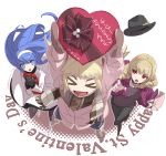  &gt;_&lt; 2018 3girls :d blonde_hair blue_eyes blue_hair boots chocolate chocolate_heart closed_eyes coat erika_wagner happy_valentine hat heart highres mika_(under_night_in-birth) multiple_girls official_art open_mouth orie_(under_night_in-birth) red_eyes scarf short_twintails smile twintails under_night_in-birth under_night_in-birth_exe:late[st] winter_clothes xd yoshihara_seiichi 