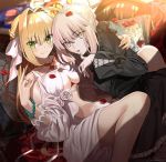  2girls ahoge aora artoria_pendragon_(all) bikini black_dress blonde_hair bracelet braid breasts cleavage collarbone commentary_request couch criss-cross_halter dress eyebrows_visible_through_hair fate/grand_order fate_(series) food food_on_face french_braid green_eyes hair_ribbon halterneck hand_on_another&#039;s_shoulder holding holding_food jewelry large_breasts looking_at_viewer multiple_girls navel nero_claudius_(fate)_(all) nero_claudius_(swimsuit_caster)_(fate) pearl_bracelet petals pillow ribbon rose_petals saber_alter signature swimsuit yellow_eyes 