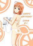  1girl ahoge arjend back-print_panties backlighting bra breasts character_name commentary crotch_seam dated english frilled_bra frills from_behind gluteal_fold happy_birthday highres holding_clothes light_blush looking_at_viewer looking_back love_live! love_live!_sunshine!! orange_bra orange_hair orange_panties orange_print panties parted_lips print_panties red_eyes school_uniform serafuku shirt short_hair short_sleeves small_breasts solo standing takami_chika thighs underwear underwear_only uranohoshi_school_uniform white_shirt 