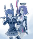  2girls black_legwear cowboy_shot eyepatch fingerless_gloves glaive gloves grin highres ishiyumi kantai_collection long_sleeves mechanical_halo multiple_girls neck_ribbon necktie over_shoulder pleated_skirt purple_hair ribbon skirt smile sword sword_over_shoulder tatsuta_(kantai_collection) tenryuu_(kantai_collection) thigh-highs violet_eyes weapon weapon_over_shoulder yellow_eyes zettai_ryouiki 