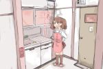  1girl apron brown_eyes brown_hair colored comic door enjaku_izuku eyebrows_visible_through_hair fluorescent_lamp highres kantai_collection kitchen long_hair long_sleeves medium_hair portable_stove ryuujou_(kantai_collection) shirt sink slippers smoke solo twintails 