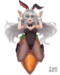 1girl animal_ears artist_name bare_shoulders bow breasts bunny_pose bunnysuit carrot character_request cleavage commission covered_navel detached_collar eyebrows_visible_through_hair gluteal_fold green_eyes grey_hair hair_between_eyes hair_intakes hundred long_hair medium_breasts open_mouth rabbit_ears smile solo twobey very_long_hair white_background wrist_cuffs