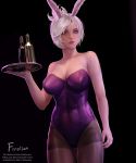  1girl animal_ears bare_shoulders battle_bunny_riven black_background black_legwear bottle breasts brown_eyes bunnysuit cleavage closed_mouth firolian highres large_breasts league_of_legends leotard lips looking_at_viewer pantyhose patreon_username rabbit_ears riven_(league_of_legends) short_hair silver_hair solo strapless strapless_leotard tray watermark web_address 