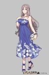  1girl bag bare_shoulders blue_dress blue_eyes bracelet breasts brown_hair company_name copyright_name dress floral_print full_body grey_background handbag jewelry long_hair looking_at_viewer medium_breasts necklace official_art pota_(bluegutty) reki_connect sandals simple_background standing tachi-e tokugawa_fumika watermark 