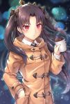  &gt;:( 1girl bangs black_bow blurry blurry_background blush bow brown_coat brown_hair closed_mouth coat collared_shirt commentary_request contemporary cup depth_of_field disposable_cup eyebrows_visible_through_hair fate/grand_order fate_(series) forehead hair_bow hand_in_pocket hand_up highres holding holding_cup ishtar_(fate/grand_order) light_frown long_hair long_sleeves parted_bangs red_eyes samoore shirt solo tiara tohsaka_rin two_side_up v-shaped_eyebrows very_long_hair white_shirt 