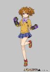  1girl alternate_costume black_gloves brown_hair brown_sweater company_name full_body gloves grey_background hair_bobbles hair_ornament hashiba_tenma looking_at_viewer official_art plaid plaid_skirt pota_(bluegutty) purple_neckwear red_footwear reki_connect shoes skirt smile sneakers solo spiked_gloves standing standing_on_one_leg sweater violet_eyes watermark 