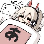  1girl :3 =_= ayanami_(azur_lane) azur_lane bandaid_on_shoulder bangs blush_stickers chibi closed_eyes closed_mouth commentary_request dutch_angle eyebrows_visible_through_hair facing_viewer futon hair_between_eyes headgear headphones highres light_brown_hair long_hair lying moyorieki_perotarou on_back pillow simple_background sleeping solo translated under_covers white_background 