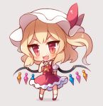  &gt;:) 1girl 60mai :d arm_behind_back ascot blonde_hair blush bow chibi commentary_request crystal fang flandre_scarlet full_body grey_background hand_up hat hat_bow looking_at_viewer mob_cap one_side_up open_mouth petticoat pointing pointing_at_self puffy_short_sleeves puffy_sleeves red_bow red_eyes red_footwear red_skirt red_vest shadow shoes short_hair short_sleeves simple_background skirt skirt_set smile socks solo standing touhou vest white_hat white_legwear wings yellow_neckwear 
