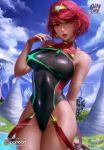  1girl bangs black_swimsuit breasts competition_swimsuit covered_navel earrings highres pyra_(xenoblade) jewelry large_breasts leotard logan_cure looking_at_viewer nintendo one-piece_swimsuit red_eyes redhead short_hair smile solo summer swept_bangs swimsuit tiara water wet wet_clothes xenoblade_(series) xenoblade_2 