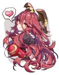  1girl bangs blush breasts closed_mouth commentary_request dragalia_lost dragon_horns eyebrows_visible_through_hair fang fang_out fangs fur_trim grey_background hair_between_eyes hair_ornament head_tilt heart hong_(white_spider) horns large_breasts long_eyelashes long_hair looking_at_viewer looking_back looking_to_the_side mumu_(dragalia_lost) orange_eyes puffy_short_sleeves puffy_sleeves redhead saliva short_sleeves signature smile solo spoken_heart twitter_username two-tone_background upper_body very_long_hair white_background 