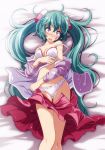  1girl aqua_hair bed_sheet blush bow bow_panties bra breasts cardigan cleavage clothes_removed commentary_request constricted_pupils crotch_seam directional_arrow embarrassed facial_tattoo frilled_bra frills from_above frown hair_ornament hatsune_miku head_tilt highres legs long_hair long_sleeves looking_at_viewer lying medium_breasts medium_skirt navel off_shoulder on_back on_bed open_clothes open_mouth open_skirt panties print_sweater project_diva_(series) purple_sweater skirt skirt_pull solo strap_slip sweatdrop sweater tattoo thigh_gap tsukishiro_saika twintails underwear very_long_hair violet_eyes vocaloid white_bra 