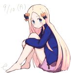  1girl abigail_williams_(fate/grand_order) alternate_costume bangs barefoot black_bow blonde_hair blue_jacket blush bow closed_mouth dated eyebrows_visible_through_hair fate/grand_order fate_(series) forehead full_body hair_bow jacket kujou_karasuma long_hair long_sleeves looking_at_viewer looking_to_the_side open_clothes open_jacket orange_bow parted_bangs pink_shorts short_shorts shorts signature simple_background sitting sketch solo very_long_hair white_background 