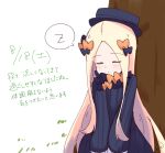  1girl abigail_williams_(fate/grand_order) bangs black_bow black_dress black_hat blonde_hair blush bow closed_eyes closed_mouth dated dress eyebrows_visible_through_hair facing_viewer fate/grand_order fate_(series) forehead hair_bow hat kujou_karasuma long_hair long_sleeves orange_bow parted_bangs signature sketch sleeping sleeves_past_fingers sleeves_past_wrists solo spoken_zzz translation_request tree very_long_hair white_background 