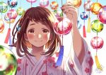  1girl blush boku_no_hero_academia braid brown_eyes brown_hair floral_print hair_ornament highres japanese_clothes kimono nanaminn pink_kimono print_kimono short_hair signature smile solo tanabata upper_body uraraka_ochako wind_chime 