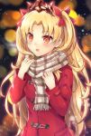  1girl bangs blonde_hair blurry blurry_background blush bow breasts brown_scarf coat commentary_request depth_of_field ereshkigal_(fate/grand_order) eyebrows_visible_through_hair fate/grand_order fate_(series) fingernails forehead fringe hair_bow highres long_hair long_sleeves open_mouth parted_bangs plaid plaid_scarf red_bow red_coat red_eyes round_teeth samoore scarf small_breasts solo teeth tiara tohsaka_rin two_side_up upper_body upper_teeth very_long_hair 