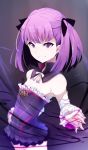  1girl bangs bare_shoulders black_bow black_collar blurry blurry_background blush bow commentary_request depth_of_field detached_collar detached_sleeves dress eyebrows_visible_through_hair fate/grand_order fate_(series) frilled_dress frills grin hair_bow helena_blavatsky_(fate/grand_order) highres long_sleeves looking_at_viewer purple_dress purple_hair smile solo standing strapless strapless_dress tree_of_life two_side_up violet_eyes wada_kazu white_bow 