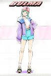  1girl :o aqua_hair arm_at_side bangs bare_legs baseball_cap blue_eyes blue_jacket blue_shorts bulma capsule_corp character_name commentary dragon_ball dragon_ball_(classic) english_commentary expressionless eyelashes full_body hand_on_hip hat head_tilt highres horizontal-striped_background jacket long_sleeves looking_away mynare open_mouth pink_background pink_shirt purple_jacket shirt shoes shorts simple_background sneakers socks solo standing two-tone_background two-tone_jacket white_background 