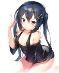  1girl arms_between_legs barefoot black_hair blush breasts brown_eyes erect_nipples hair_between_eyes hair_ornament hairclip highres long_hair looking_at_viewer loose_clothes loose_shirt original rekareka shirt simple_background small_breasts solo twintails very_long_hair white_background 