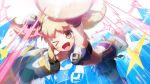  1girl ;d armored_gloves bare_shoulders blonde_hair collar dudou flat_chest gauntlets giant_fist gloves looking_at_viewer midriff mika_(under_night_in-birth) official_art one_eye_closed open_mouth short_twintails smile twintails under_night_in-birth under_night_in-birth_exe:late[st] weapon yellow_eyes yon_(uni) 