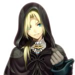  1girl black_capelet blonde_hair blue_eyes cape capelet chimachi earrings final_fantasy final_fantasy_ix gloves grey_gloves grin hair_over_shoulder head_tilt hooded jewelry long_hair looking_at_viewer ponytail simple_background smile solo upper_body white_background zidane_tribal 