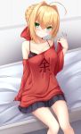  1girl ahoge bangs bare_shoulders bed black_bra black_skirt blonde_hair blush bow bra braid breasts cleavage closed_mouth clothes_writing collarbone eyebrows_visible_through_hair fate/extra fate_(series) flying_sweatdrops green_eyes hair_between_eyes hair_bow hair_bun hair_intakes hand_in_hair head_tilt highres jewelry lace lace-trimmed_bra long_sleeves medium_breasts nero_claudius_(fate) nero_claudius_(fate)_(all) off-shoulder_shirt on_bed pleated_skirt red_bow red_shirt ring shirt sidelocks sitting sitting_on_bed skirt sleeves_past_wrists solo underwear wide_sleeves yoye_(pastel_white) 