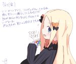  1girl :d abigail_williams_(fate/grand_order) bangs black_bow black_dress blonde_hair blue_eyes blush bow cellphone dated dress eyebrows_visible_through_hair fate/grand_order fate_(series) forehead hair_bow holding holding_cellphone holding_phone kujou_karasuma long_hair long_sleeves looking_at_viewer looking_to_the_side no_hat no_headwear open_mouth orange_bow parted_bangs phone polka_dot polka_dot_bow profile sideways_mouth signature simple_background sketch sleeves_past_fingers sleeves_past_wrists smile solo star translation_request upper_body white_background 