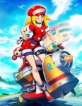  1girl animal belt bent_over bike_shorts bike_shorts_under_shorts blonde_hair breasts brown_gloves buttons cabbie_hat capcom clouds covered_navel data_(rockman_dash) full_body genzoman gloves green_eyes ground_vehicle hand_on_hip hat holding holding_wrench impossible_clothes monkey motor_vehicle one_eye_closed red_footwear red_shorts rockman rockman_dash roll_caskett scooter shoes short_shorts short_sleeves shorts sky smile solo teeth tools undershirt wrench 