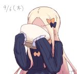  1girl abigail_williams_(fate/grand_order) bangs black_bow black_dress blonde_hair bow bowl dated dress eating eyebrows_visible_through_hair facing_viewer fate/grand_order fate_(series) forehead hair_bow hands_up holding holding_bowl kujou_karasuma long_hair long_sleeves no_hat no_headwear orange_bow parted_bangs signature simple_background sketch sleeves_past_fingers sleeves_past_wrists solo upper_body very_long_hair white_background 