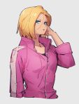  1girl android_18 blonde_hair blue_eyes dragon_ball dragon_ball_super grey_background hair_between_eyes jacket kemachiku long_hair long_sleeves looking_at_viewer pink_jacket short_hair simple_background solo track_jacket zipper 