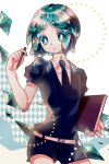  1other androgynous aqua_eyes aqua_hair clipboard colored_eyelashes crystal_hair gem gem_uniform_(houseki_no_kuni) green_eyes green_hair houseki_no_kuni looking_at_viewer necktie pencil phosphophyllite short_hair solo 