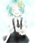  1other androgynous aqua_hair bug butterfly closed_eyes colored_eyelashes flower gem_uniform_(houseki_no_kuni) green_hair happy houseki_no_kuni insect necktie open_mouth phosphophyllite short_hair smile solo suspenders translated 