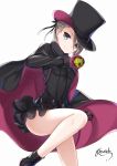 1girl absurdres ange_(princess_principal) asymmetrical_hair bee_doushi black_footwear black_hat black_ribbon black_skirt blue_eyes boots braid breasts brown_hair cape french_braid gloves hair_between_eyes hair_ribbon hat highres holding layered_skirt miniskirt pink_gloves princess_principal ribbon short_hair signature simple_background skirt small_breasts smile solo white_background 