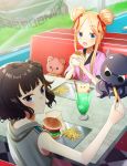  2girls abigail_williams_(fate/grand_order) alternate_costume animal bare_arms bare_shoulders blonde_hair blue_eyes blush bow brown_hair checkered checkered_floor cherry closed_mouth collarbone collared_shirt commentary_request cup day double_bun drinking_glass drinking_straw eating fast_food fate/grand_order fate_(series) feeding food french_fries fruit grey_hoodie hair_bow hamburger highres holding holding_food hood hood_down hoodie ice ice_cream ice_cream_float ice_cube indoors katsushika_hokusai_(fate/grand_order) long_hair looking_at_another multiple_girls octopus open_mouth pink_shirt puffy_short_sleeves puffy_sleeves red_bow saki_usagi seat shirt short_sleeves side_bun sidelocks signature sitting sleeveless sleeveless_hoodie stuffed_animal stuffed_toy table teddy_bear tokitarou_(fate/grand_order) tray window 