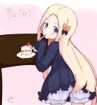  1girl abigail_williams_(fate/grand_order) bangs black_bow black_dress blonde_hair bloomers blue_eyes blush bow bug butterfly cake closed_mouth dated dress eating eyebrows_visible_through_hair fate/grand_order fate_(series) food forehead gradient gradient_background hair_bow head_tilt holding holding_spoon insect kujou_karasuma leaning_forward long_hair long_sleeves looking_at_viewer looking_back no_hat no_headwear orange_bow parted_bangs pink_background plate signature sketch sleeves_past_fingers sleeves_past_wrists slice_of_cake solo spoon spoon_in_mouth table underwear very_long_hair white_background white_bloomers 