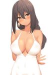  1girl arms_behind_back azur_lane bad_id bad_twitter_id bangs bare_shoulders black_hair blush body_mahattaya_ginga breasts brown_eyes cleavage closed_mouth collarbone covered_navel dark_skin dress earrings eyebrows_visible_through_hair feather_earrings hair_between_eyes jewelry large_breasts light_smile long_hair looking_at_viewer simple_background solo south_dakota_(azur_lane) tied_hair upper_body waist white_background white_dress 