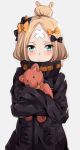  1girl abigail_williams_(fate/grand_order) bangs black_bow black_jacket blonde_hair blue_eyes blush bow closed_mouth commentary_request eyebrows_visible_through_hair fate/grand_order fate_(series) forehead grey_background hair_bow hair_bun heroic_spirit_traveling_outfit highres jacket kohakope long_hair long_sleeves looking_at_viewer object_hug orange_bow parted_bangs polka_dot polka_dot_bow simple_background sleeves_past_fingers sleeves_past_wrists solo stuffed_animal stuffed_toy teddy_bear 