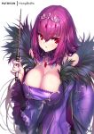  1girl bangs blush breasts cleavage commentary_request dress eyebrows_visible_through_hair fate/grand_order fate_(series) feather_trim hair_between_eyes hand_up headpiece holding holding_wand hong_(white_spider) large_breasts leaning_forward long_sleeves looking_at_viewer parted_lips purple_dress purple_hair red_eyes scathach_(fate)_(all) scathach_skadi_(fate/grand_order) signature simple_background solo wand white_background wide_sleeves 