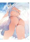  1girl absurdres ass_visible_through_thighs back bangs blue_hair blue_skirt bra clouds cloudy_sky day dress droplet from_behind from_below hair_ornament hairclip hand_holding highres matsui_hiroaki outdoors panties re:zero_kara_hajimeru_isekai_seikatsu rem_(re:zero) short_dress short_hair short_sleeves skirt sky solo sparkle standing thighs underwear upskirt white_bra white_dress white_panties 