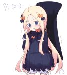  1girl abigail_williams_(fate/grand_order) bangs black_bow black_dress blonde_hair bloomers blue_eyes blush bow bug butterfly closed_mouth dated dress eyebrows_visible_through_hair fate/grand_order fate_(series) forehead hair_bow hands_up head_tilt insect kujou_karasuma long_hair long_sleeves no_hat no_headwear orange_bow parted_bangs signature simple_background sleeves_past_fingers sleeves_past_wrists solo standing sweat trembling underwear v-shaped_eyebrows very_long_hair wavy_mouth white_background white_bloomers 