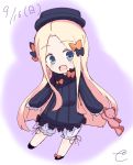  1girl :d abigail_williams_(fate/grand_order) bangs black_bow black_dress black_footwear black_hat blonde_hair bloomers blue_eyes blush bow bug butterfly chibi dated dress eyebrows_visible_through_hair fate/grand_order fate_(series) forehead full_body gradient gradient_background hair_bow hat head_tilt holding holding_stuffed_animal insect kujou_karasuma long_hair long_sleeves open_mouth orange_bow parted_bangs purple_background signature sleeves_past_fingers sleeves_past_wrists smile solo stuffed_animal stuffed_toy teddy_bear underwear very_long_hair white_background white_bloomers 